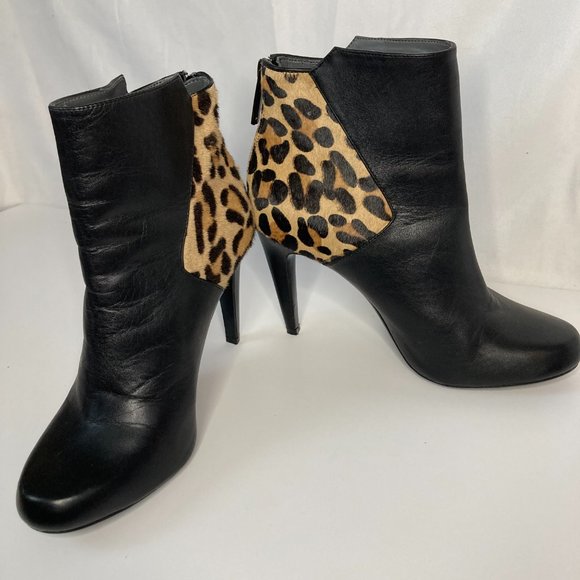 Calvin Klein Leopard Print Ankle Boots Size 8 1/2 Black Leather Boot - Picture 5 of 8
